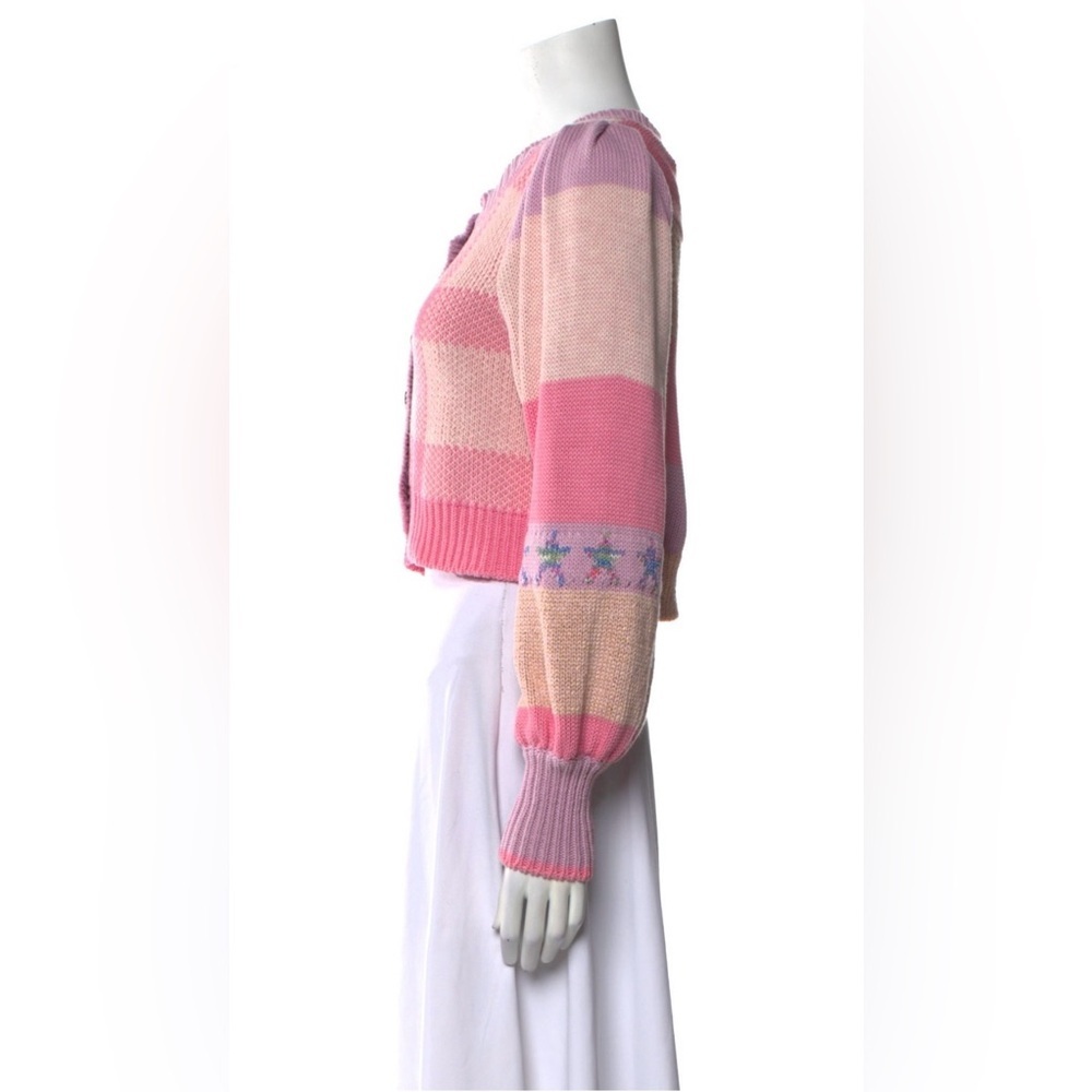 LoveShackFancy Pink Check Cardigan Puff Sleeve Knit Small - Picture 4 of 13